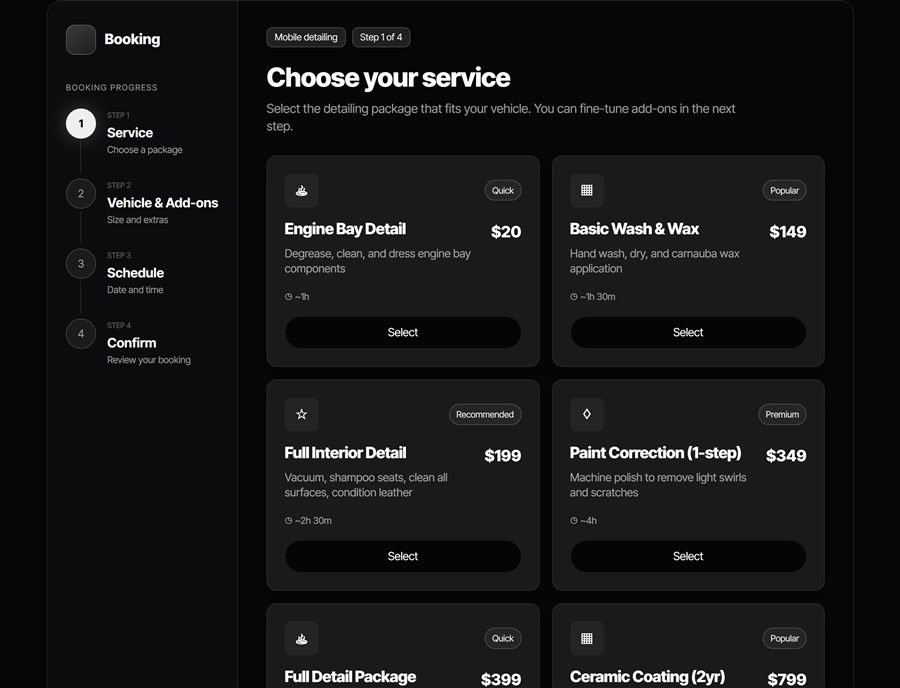 DetailPro online booking — choose your service step