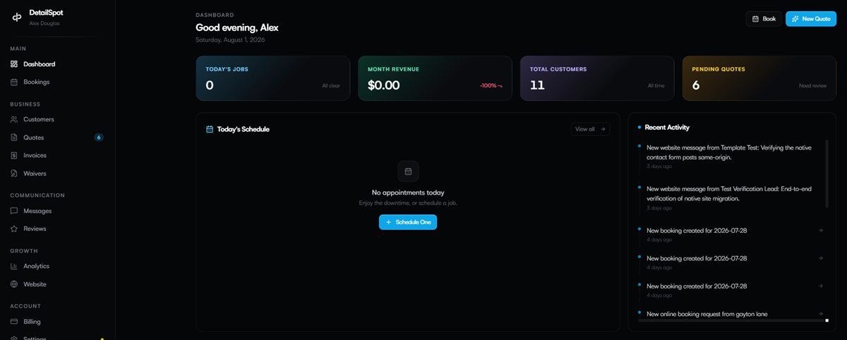 DetailPro owner dashboard — schedule, revenue, and activity