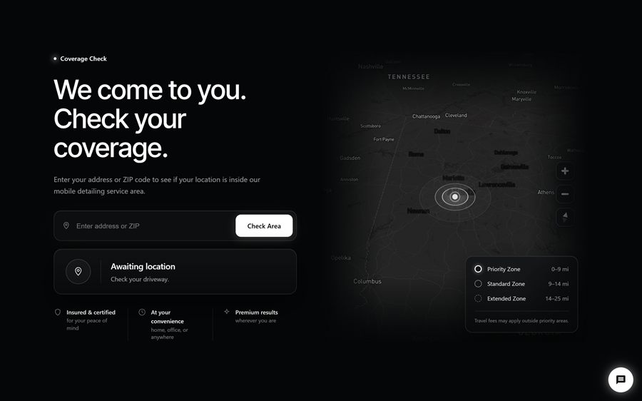DetailPro coverage checker — address and travel zone map