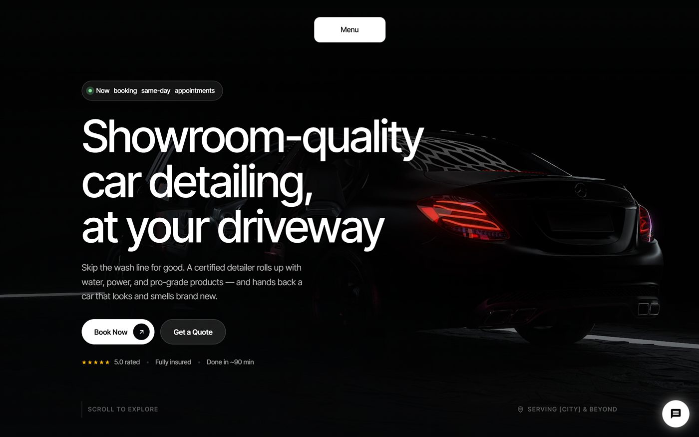 DetailPro consumer website — cinematic hero with online booking